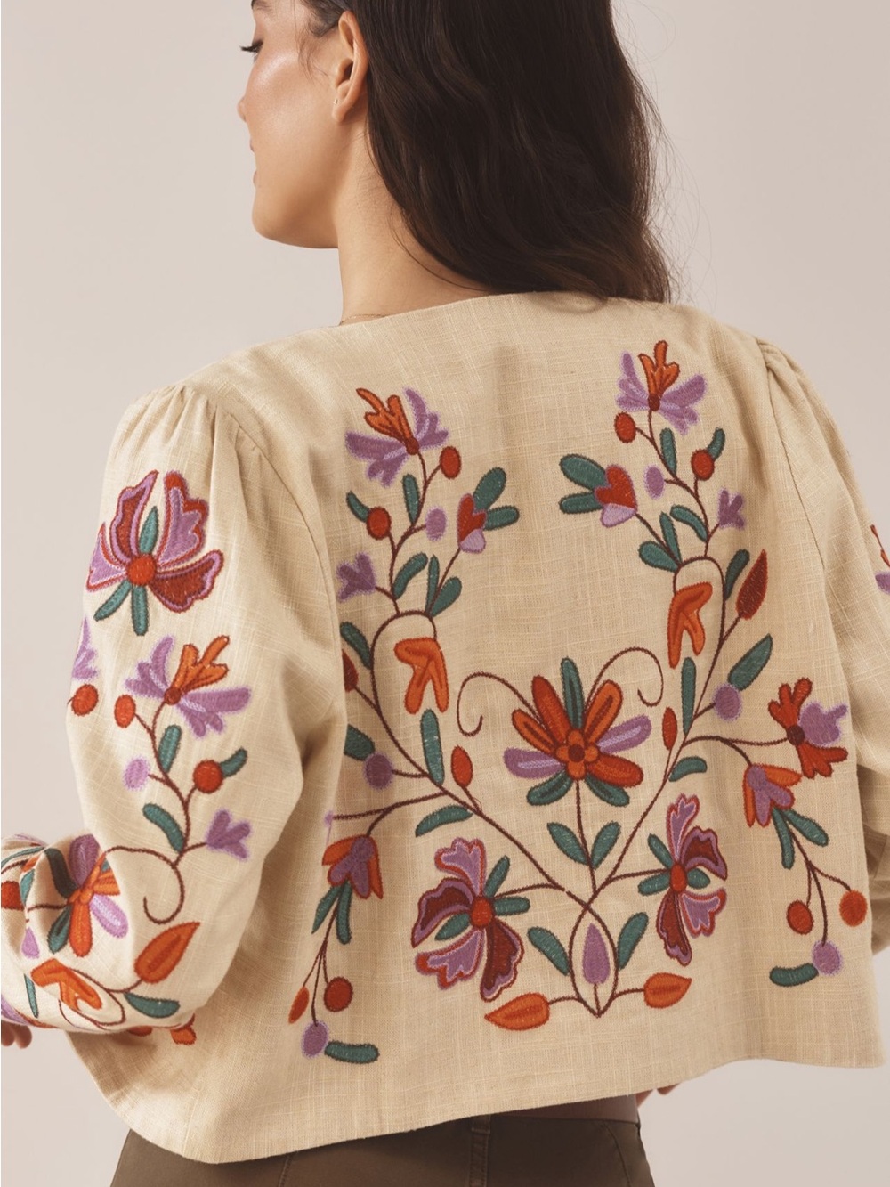 Anthropologie DOLAN Cream Linen Floral Cropped Jacket - Picture 4 of 8